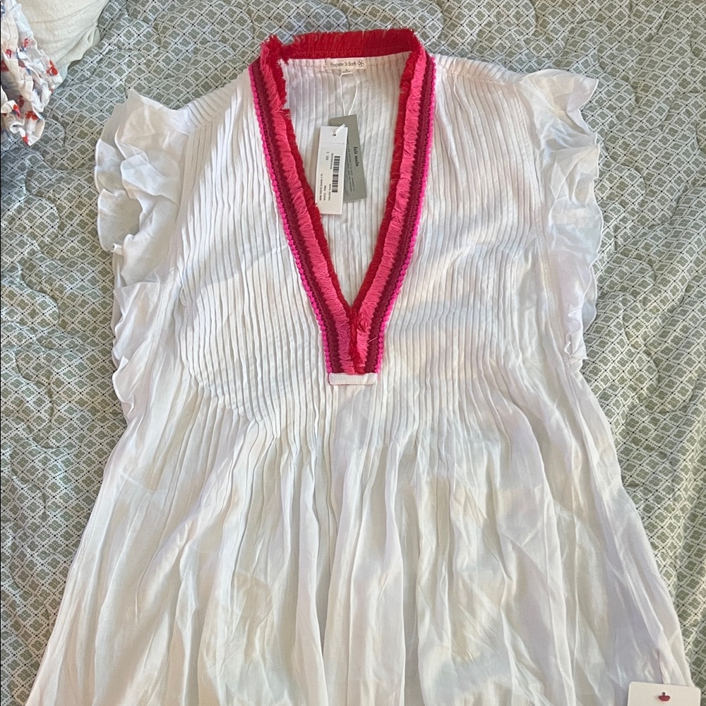 Poupette St Barth Sasha Mini Dress (White w/ pink V neck)